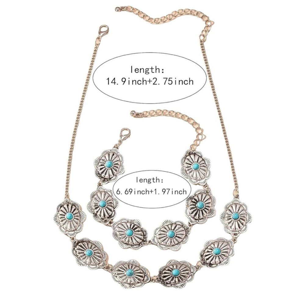Boho Silver-Tone Turquoise Flower Necklace & Bracelet Set - Picture 6 of 7